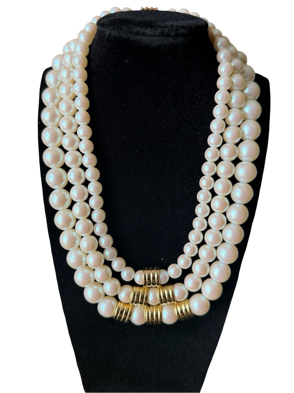 Vintage Classic White Pearl Triple-Strand Necklace with Gold Accents